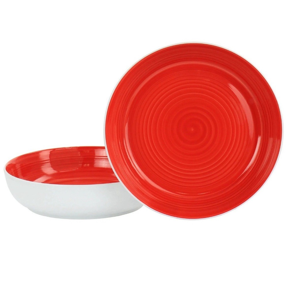 Gibson Home Crenshaw Dinner Bowl Set Red‎ White 8.5 Inch 2 Piece Stoneware NEW